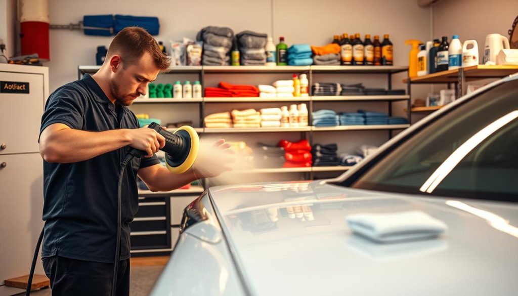 A clean, organized auto detailing workshop bathed in warm, natural lighting. In the foreground, a technician meticulously applies a high-quality polish to a sleek sedan's glossy exterior using a dual-action polisher, leaving behind a mirror-like finish. In the middle ground, various detailing tools and products are neatly arranged, including microfiber towels, clay bars, and specialized cleaning solutions. The background features floor-to-ceiling shelves stocked with premium car care items, conveying a sense of professionalism and attention to detail. The overall atmosphere is one of focus, precision, and a commitment to delivering lasting results through eco-friendly techniques.