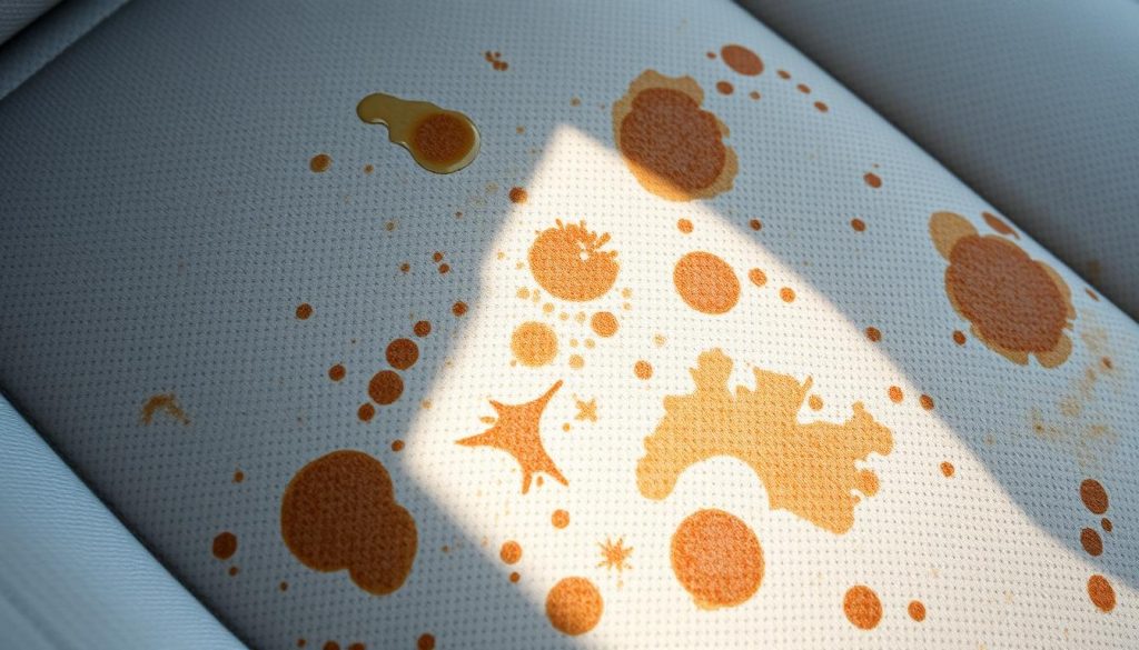 A close-up view of a car seat, showcasing various stains and discoloration on the upholstery. The surface is illuminated by soft, diffused natural lighting, accentuating the textural details of the fabric. The stains range from small splatters to larger, more prominent blots, capturing the common challenges faced in maintaining car interiors. The composition emphasizes the damaged areas, allowing the viewer to closely examine the different types of stains and their visual impact on the overall appearance of the seat. The scene conveys a sense of realism and the need for effective cleaning solutions to address these common upholstery issues.