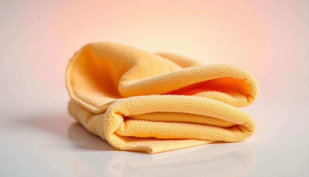 A high-quality microfiber towel, its soft and absorbent surface capturing the light in a delicate sheen. The towel is neatly folded, positioned prominently in the center of the frame, surrounded by a clean, minimalist background. Warm, diffused lighting casts a gentle glow, highlighting the towel's plush texture and reflecting off its surface. The composition is balanced, drawing the eye to the towel's versatility and practical application in the context of mobile detailing, where it can safely and efficiently protect surfaces. The overall mood is one of calm professionalism, conveying the reliability and attention to detail that defines the Gloss Boss Adelaide's mobile detailing services.