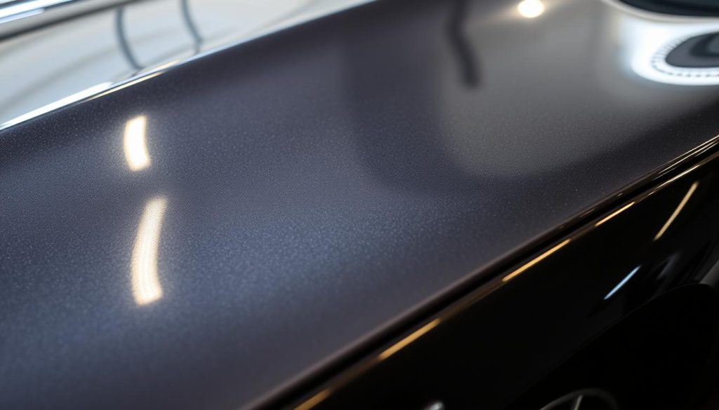 A highly detailed, close-up image of a freshly detailed car's glossy, reflective paint surface under bright, directional lighting. The paint has a deep, lustrous sheen with intricate reflections and highlights that capture the nuances of the finish. The image should convey a sense of quality, care, and pride in the vehicle's appearance, reflecting the exceptional exterior detailing services offered.