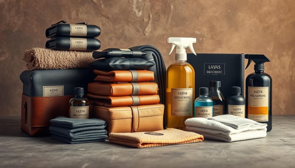 A meticulously arranged still life showcasing a variety of neatly stacked and labeled car detailing packages, shot in a warm, soft-focus lighting setup with a shallow depth of field. The packages, made of premium materials like leather, microfiber, and high-quality cleaning products, are presented against a muted, earthy backdrop that complements the overall aesthetic. The composition emphasizes the attention to detail and the premium quality of the offerings, conveying a sense of professionalism and expertise in the field of 4x4 car detailing.