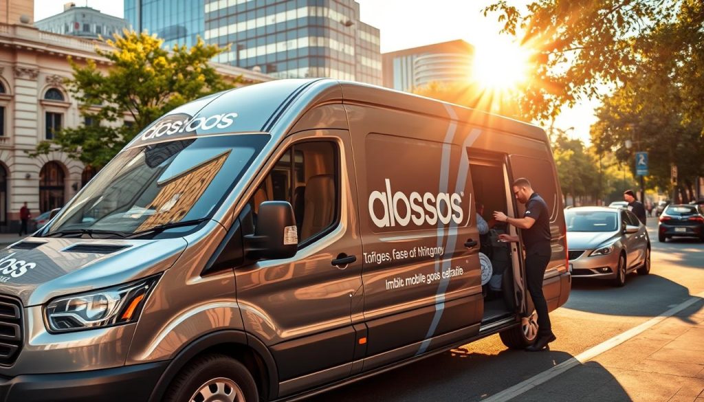 A mobile car detailing van parked on a city street in Adelaide, South Australia. The van features a glossy metallic finish and prominent branding, conveying a professional and high-quality service. The foreground showcases the van's exterior, with a technician in uniform attending to a customer's vehicle. The middle ground depicts the surrounding urban landscape, including buildings, trees, and pedestrians, creating a vibrant, bustling atmosphere. The lighting is warm and natural, with the sun casting a golden glow across the scene. The overall composition conveys the accessibility and convenience of Gloss Boss Adelaide's mobile detailing services within the city.