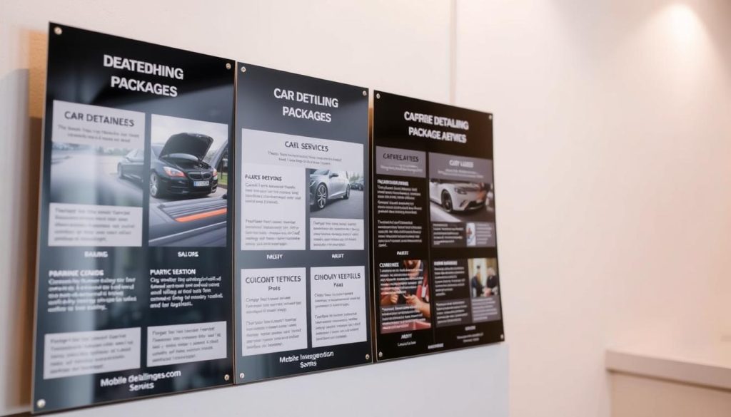 A neatly organized display of various car detailing packages, showcased against a clean, minimalist background. The packages are presented in a visually appealing manner, with high-quality images and concise descriptions of the services offered. The lighting is soft and diffused, creating a warm and inviting atmosphere. The camera angle is slightly elevated, allowing the viewer to appreciate the attention to detail and the professionalism of the presentation. The overall mood conveys a sense of reliability and trustworthiness, reflecting the high-quality services provided by the mobile detailing company.