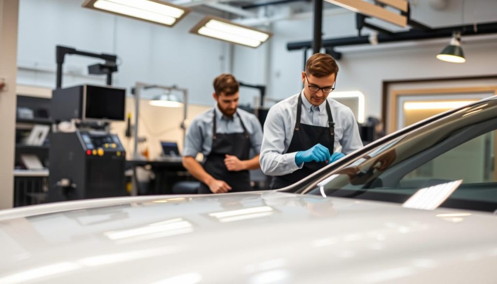 A serene, well-lit interior shot of a professional, modern auto detailing studio. The foreground features a gleaming, freshly polished car, its sleek body reflecting the soft, warm lighting. In the middle ground, technicians in crisp uniforms meticulously inspect the vehicle, their expressions focused and attentive. The background showcases a clean, organized workspace with state-of-the-art equipment, conveying a sense of expertise and attention to detail. The overall atmosphere exudes a palpable air of quality, experience, and a commitment to customer satisfaction.