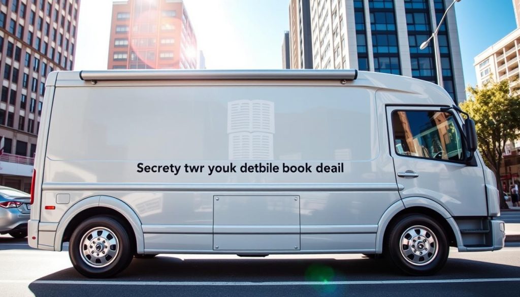 A sleek, modern bookmobile parked on a city street, its exterior gleaming with a fresh, high-gloss finish. The vehicle is framed by a backdrop of urban architecture, with tall buildings and a clear, blue sky overhead. Sunlight casts a warm, inviting glow on the bookmobile, highlighting its smooth curves and attention to detail. The side panels feature a clean, minimalist design with the words "Book your mobile detail in Adelaide" prominently displayed. The wheels and trim are meticulously polished, reflecting the surrounding environment. The overall scene conveys a sense of professionalism, convenience, and a commitment to providing a high-quality mobile detailing service.