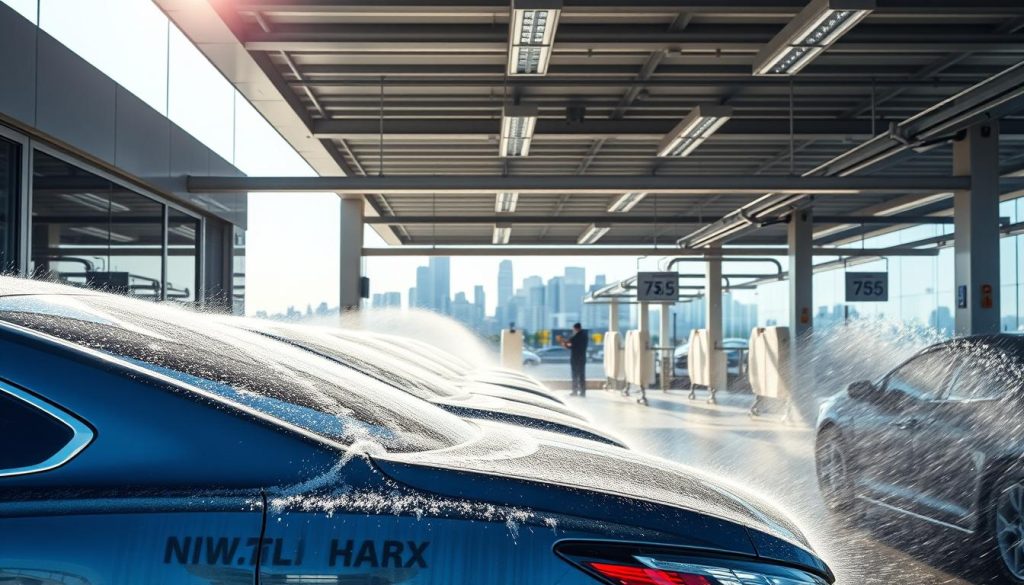 A sleek, modern car wash facility with gleaming metal and glass exterior, set against a backdrop of a sunny, urban environment. In the foreground, a row of cars are being gently sprayed and scrubbed by high-pressure water jets, their surfaces reflecting the clean, crisp lines of the building. Bright, diffused lighting from overhead illuminates the scene, creating a sense of energy and efficiency. The middle ground features well-organized bays for drying and detailing, with attendants expertly attending to the vehicles. In the background, the city skyline rises, hinting at the bustling world beyond the confines of the car wash, creating a harmonious balance between the man-made and natural elements.