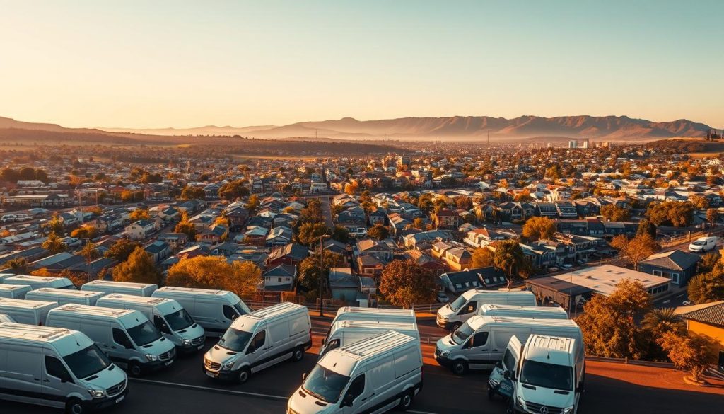 A sweeping view of Adelaide's diverse service areas, captured with cinematic flair. In the foreground, neatly arranged mobile detailing vans dot the bustling cityscape, their sleek designs and vibrant colors command attention. The middle ground showcases the city's vibrant neighborhoods, with a patchwork of residential and commercial buildings, each with its own unique character. In the distant background, the iconic Adelaide Hills rise majestically, their rolling slopes and lush greenery creating a picturesque backdrop. The scene is bathed in a warm, golden light, lending a sense of welcoming and professionalism to the entire composition. Shot with a wide-angle lens to capture the expansive scale, this image conveys the comprehensive coverage and availability of mobile detailing services across the Adelaide region.