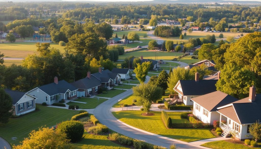 A tranquil suburban neighborhood nestled amidst lush greenery, with neatly manicured lawns and a winding road leading through the landscape. Quaint houses with well-tended gardens line the streets, their facades bathed in the warm glow of the afternoon sun. In the distance, a glimpse of a local park with towering trees and a playground, inviting residents to enjoy the outdoor spaces. The scene is serene and inviting, capturing the essence of a thriving suburban community.