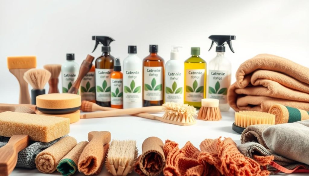 A vibrant, eco-friendly scene showcasing an array of biodegradable car detailing products on a crisp, white background. In the foreground, an assortment of eco-friendly sponges, brushes, and rags in earthy tones are neatly arranged. In the middle ground, a collection of plant-based cleaning solutions and waxes in sustainable, recyclable containers are displayed. The background is filled with soft, natural lighting, evoking a sense of purity and environmental consciousness. The overall composition conveys a message of sustainability and responsibility, perfectly aligning with the theme of "eco friendly car detailing Adelaide."