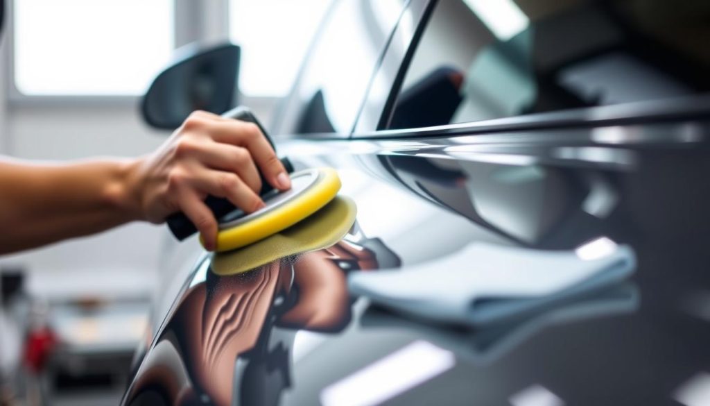 A well-lit, close-up view of a car undergoing a meticulous detailing process, showcasing the intricate steps involved in achieving a flawless, glossy finish. The foreground features the skilled hands of a professional detailer carefully applying a premium polishing compound to the car's surface, leaving a mirror-like reflection. In the middle ground, advanced tools and specialized microfiber cloths are visible, highlighting the attention to detail and the use of high-quality materials. The background subtly blurs, emphasizing the focus on the car's transformation, creating a sense of immersion in the Gloss Boss Adelaide process for a flawless finish.