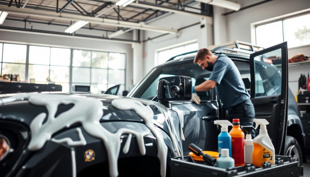 A well-lit, high-resolution image of a detailed 4x4 vehicle undergoing routine maintenance detailing. The foreground features the car being thoroughly cleaned, with a skilled technician meticulously scrubbing the exterior and wiping down the interior. The middle ground showcases various detailing tools and products, neatly arranged and ready for use. The background depicts a clean, organized workshop setting, with ample natural lighting streaming in through large windows. The overall atmosphere conveys a sense of professionalism and attention to detail, capturing the essence of a comprehensive maintenance detailing service for 4x4 owners.