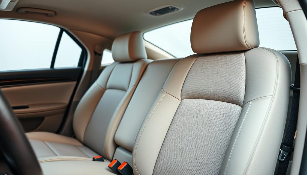 A well-lit, high-resolution photograph of vacuum-cleaned car seats in a pristine, hygienic interior. The seats are upholstered in a light, neutral fabric, with clean lines and no visible dirt or stains. The lighting is bright and even, casting a warm, inviting glow on the seats. The camera angle is slightly elevated, capturing the seats in a natural, unobtrusive manner. The overall mood is one of cleanliness, attention to detail, and a professional, meticulous approach to automotive detailing.
