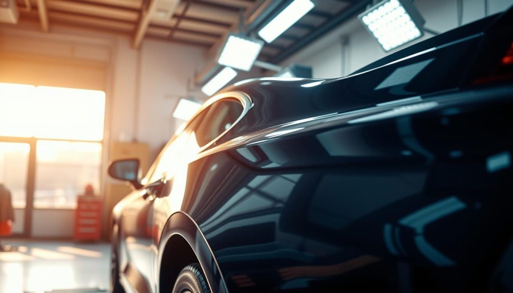 A well-lit workshop interior, with a car on a lift in the foreground, bathed in a combination of warm natural light streaming through large windows and focused work lamps above. The car's glossy, freshly detailed surface reflects the light, creating a sense of depth and dimensionality. The background is slightly blurred, emphasizing the subject. The overall scene conveys a sense of order, cleanliness, and attention to detail, capturing the "showroom feel" of the car detailing service.