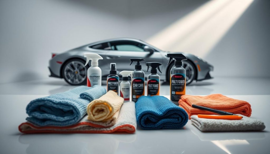 A well-organized display of high-quality microfiber car care products in a clean, minimalist studio setting. The foreground features an assortment of microfiber towels, applicators, and detailing sprays arranged on a white surface, showcasing their soft texture and vibrant colors. The middle ground includes a shiny, sleek car in the background, hinting at the products' effectiveness. Dramatic, directional lighting from the side creates strong shadows and highlights, emphasizing the premium nature of the items. The overall mood is one of professionalism, attention to detail, and the promise of a flawless car finish.
