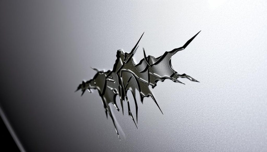 a close-up view of a car's scratched surface, with the metallic paint peeled off in an intricate, jagged pattern. The scratch is prominently featured, taking up the majority of the frame, showcasing the varying depths and textures of the damage. The lighting is harsh and directional, casting dramatic shadows that accentuate the three-dimensional nature of the scratch. The background is slightly blurred, with a muted, neutral color palette to keep the focus on the damaged area. The overall mood is one of damage and imperfection, highlighting the need for professional scratch removal services in Adelaide.