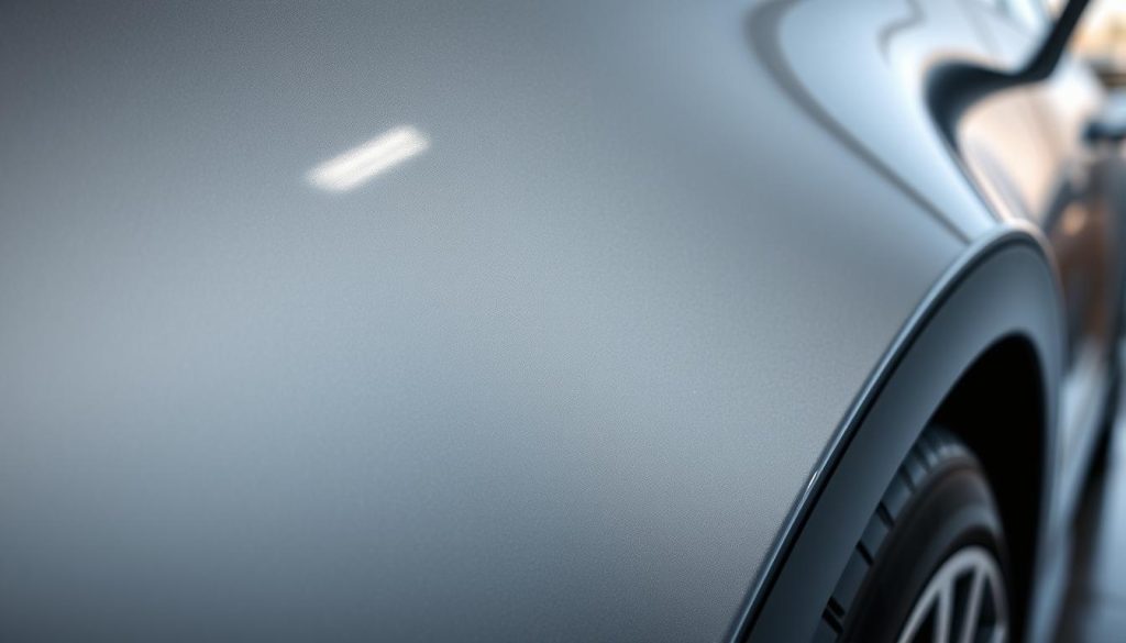 a high-resolution close-up photograph of a shiny, freshly waxed car's panel, capturing the nuanced reflections, intricate textures, and meticulous attention to detail. The lighting is soft and diffused, highlighting the lustrous paint and seamless curves. The camera is positioned at a low angle, emphasizing the sleek, aerodynamic design. The background is blurred, putting the focus entirely on the car's flawless surface and the evident care taken in its preparation. The overall mood is one of precision, quality, and the pride taken in maintaining an exceptional automotive appearance.